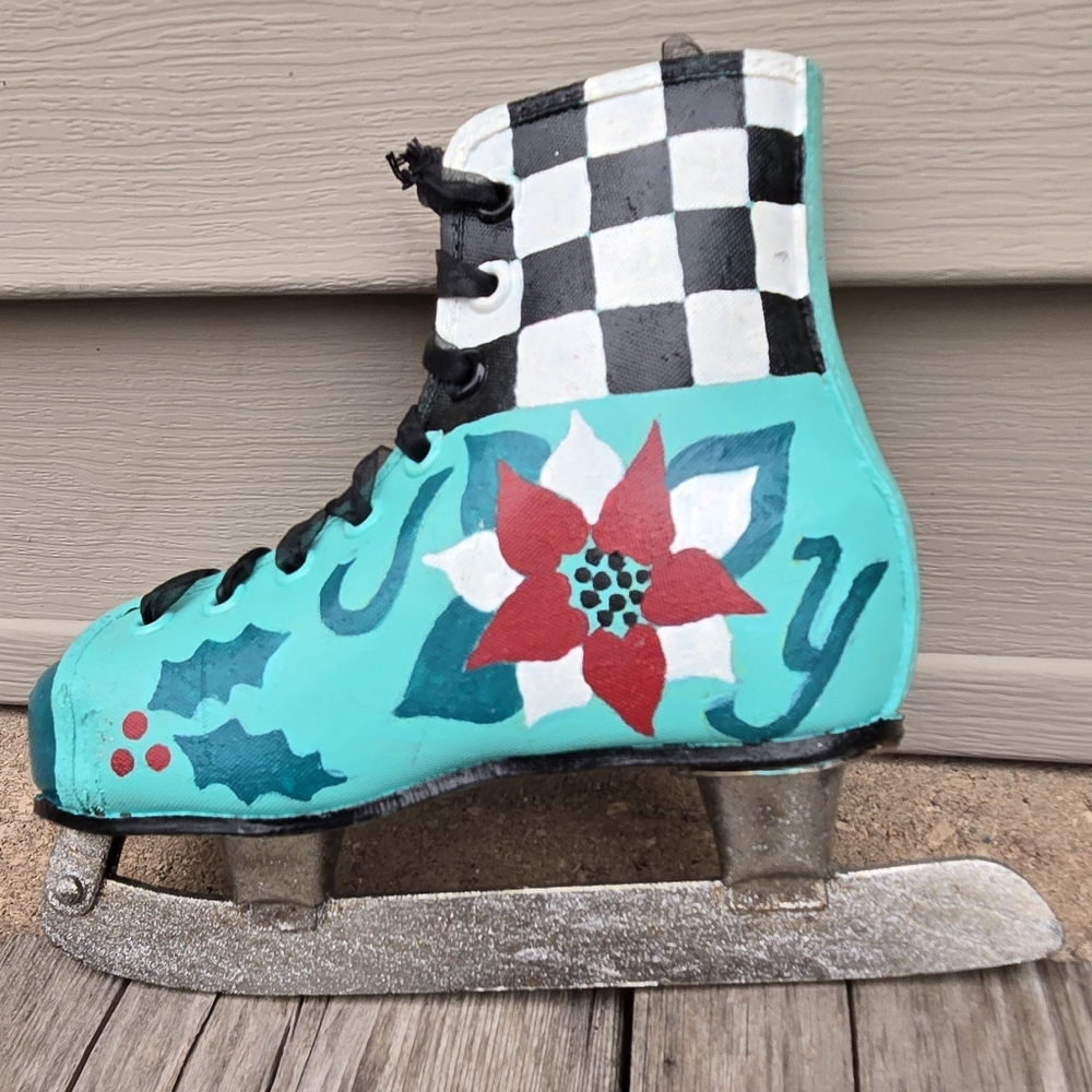 Handpainted Ice Skate Christmas decor JOY Poinsettias
